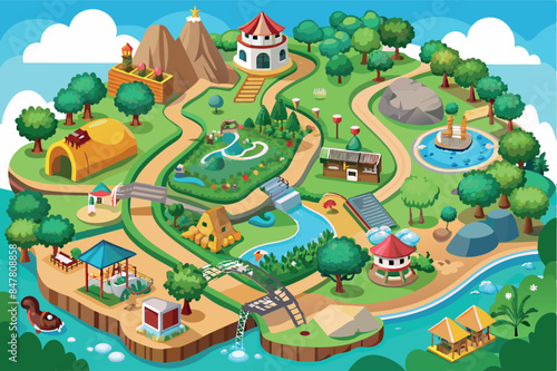  theme park or zoo. there are paths connecting the different areas and visitors enjoy the facilities. The park is surrounded by mountains and a body of water runs through the park.