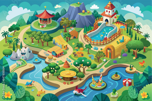  theme park or zoo. there are paths connecting the different areas and visitors enjoy the facilities. The park is surrounded by mountains and a body of water runs through the park.