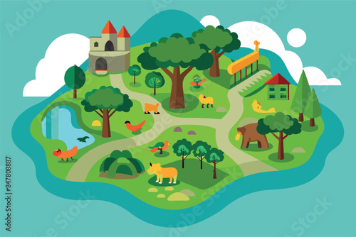  theme park or zoo. there are paths connecting the different areas and visitors enjoy the facilities. The park is surrounded by mountains and a body of water runs through the park.