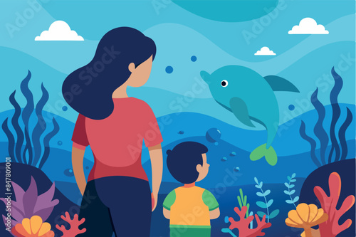 Underwater world, oceanarium, with a variety of sea creatures mom and child.  In the background colorful corals, small fish of different shapes and colors, seaweed and sunlight