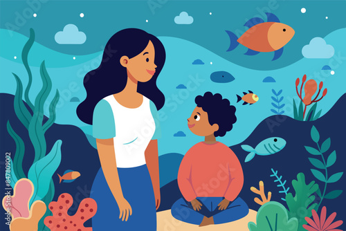 Underwater world, oceanarium, with a variety of sea creatures mom and child.  In the background colorful corals, small fish of different shapes and colors, seaweed and sunlight