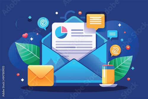 elements related to e-mail and online correspondence. This interesting image visually represents the concept of e-mail and various aspects of digital communication