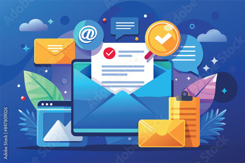 elements related to e-mail and online correspondence. This interesting image visualizes the concept of email and various aspects of digital communication elements related to email and online correspon