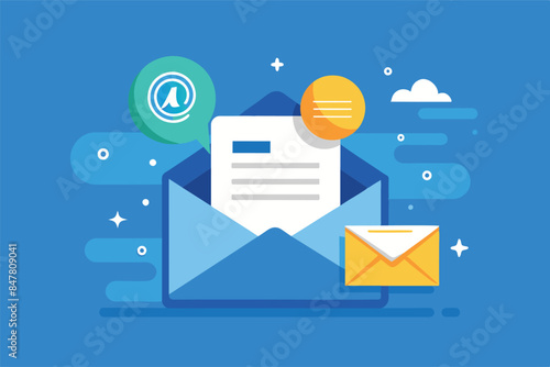 elements related to e-mail and online correspondence. This interesting image visually represents the concept of e-mail and various aspects of digital communication