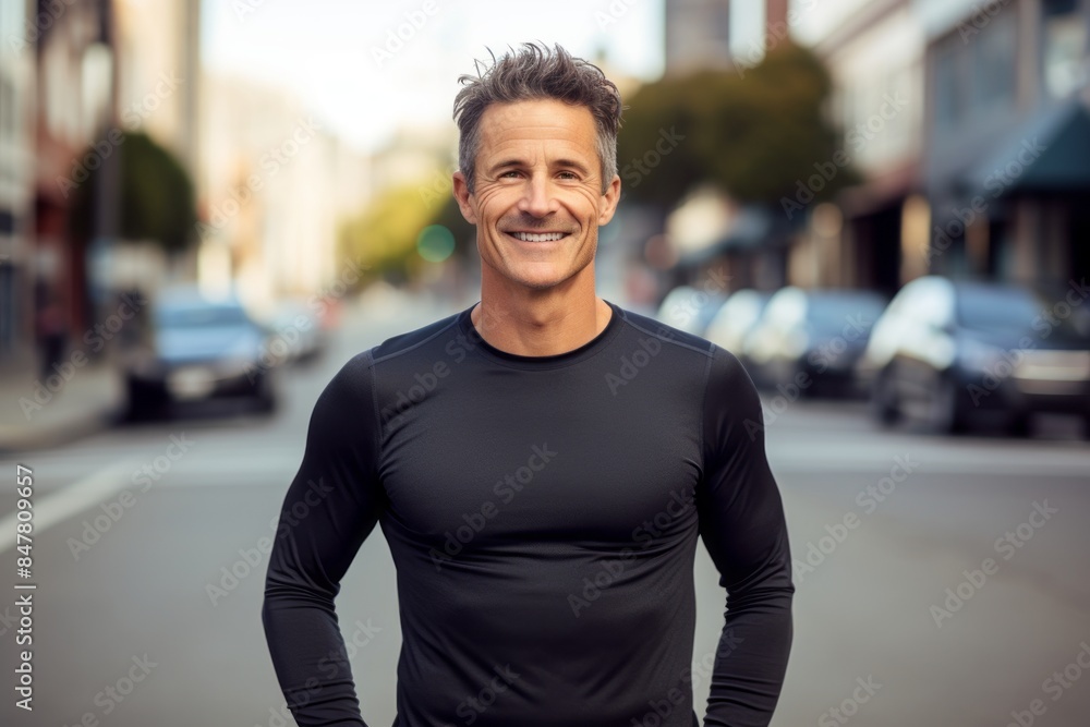 Portrait of a grinning man in his 40s showing off a lightweight base layer isolated in bustling city street background Portrait of a grinning man in his 40s showing off a lightweight base layer isolated in bustling city street background