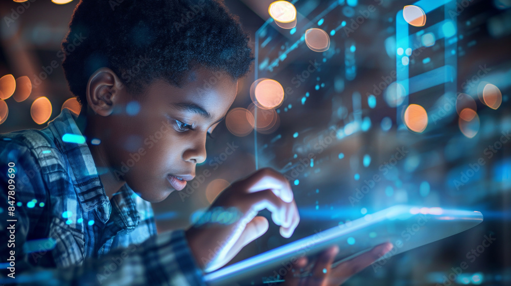 A young boy using a digital tablet to learn coding, representing the future of tech education and opportunities. A young boy using a digital tablet to learn coding, representing the future of tech education and opportunities.