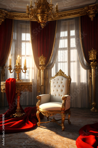 Old white and gold Royal chair with red curtains and candelabra in medieval vintage room. Throne for king in castle. Background in architecture or retro interior design. Copy space, text place