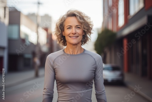 Portrait of a blissful woman in her 50s showing off a lightweight base layer in front of bustling city street background © CogniLens