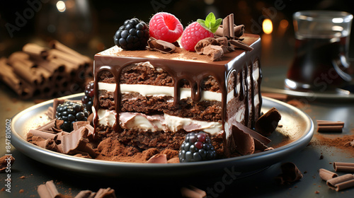 Slice of delicious chocolate cake on the plate decorated with fresh berries. photo