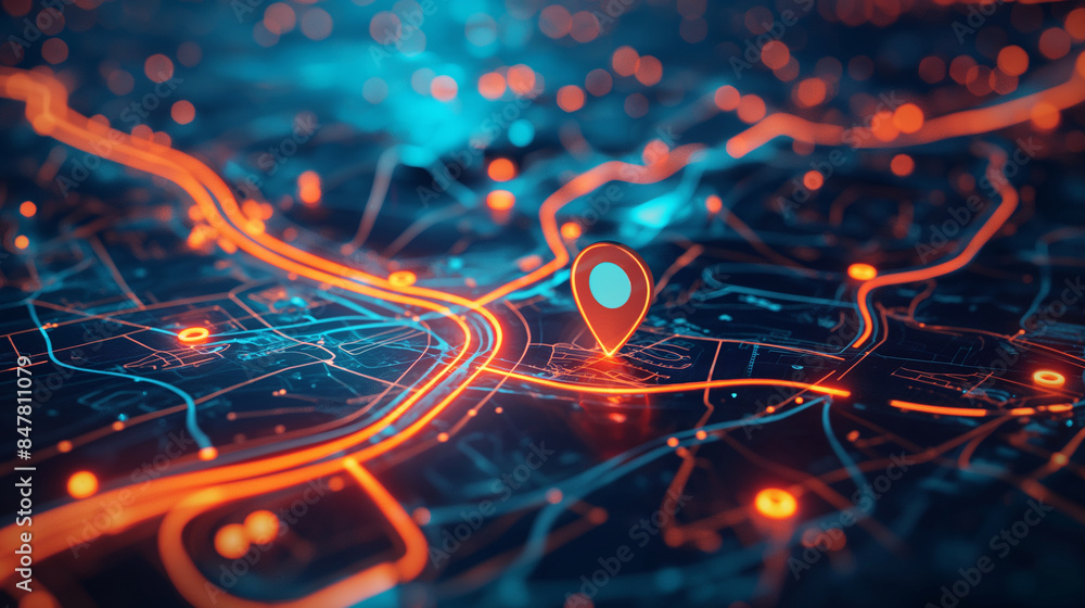 Futuristic GPS navigation on a digital map, with a glowing pin and a clear route path, showcasing precise location tracking. Futuristic GPS navigation on a digital map, with a glowing pin and a clear route path, showcasing precise location tracking.