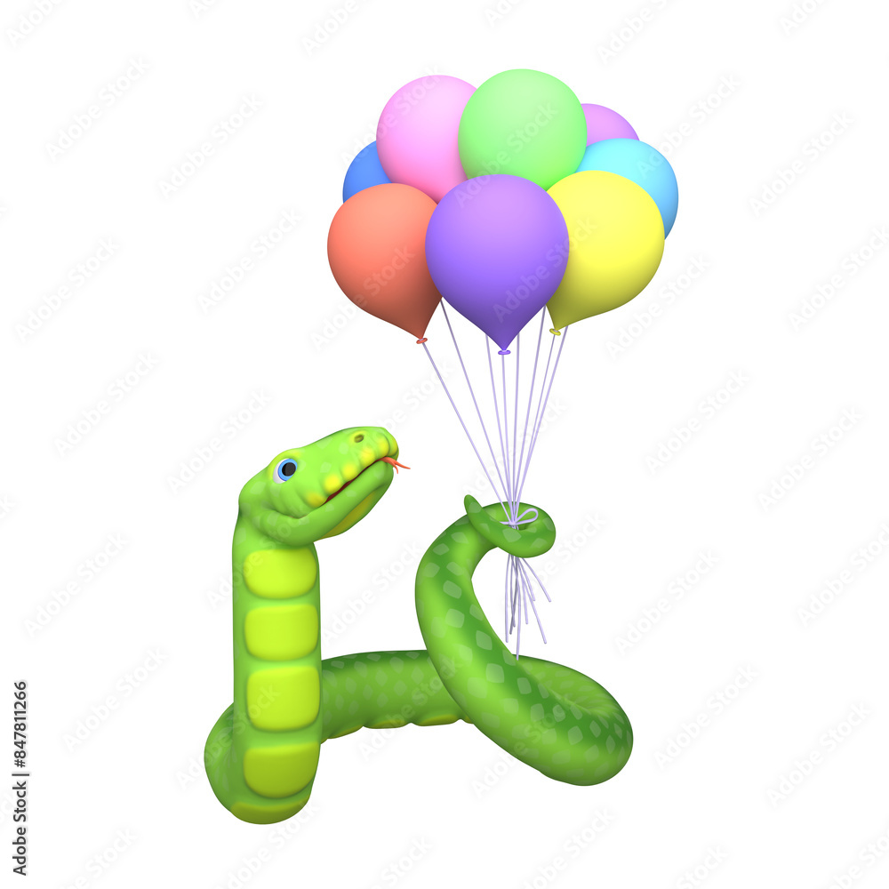Naklejka premium 3d green snake with balloons. Festive concept for greeting cards and prints. 3d rendering