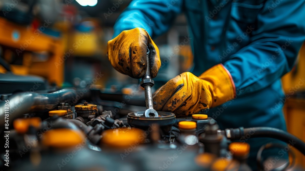 Focused Mechanic Repairing Car Engine in Workshop Focused Mechanic Repairing Car Engine in Workshop