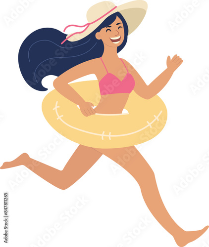Tourist destinations in summer. Happy woman in a hat runs with a swimming ring. Concept vector illustration