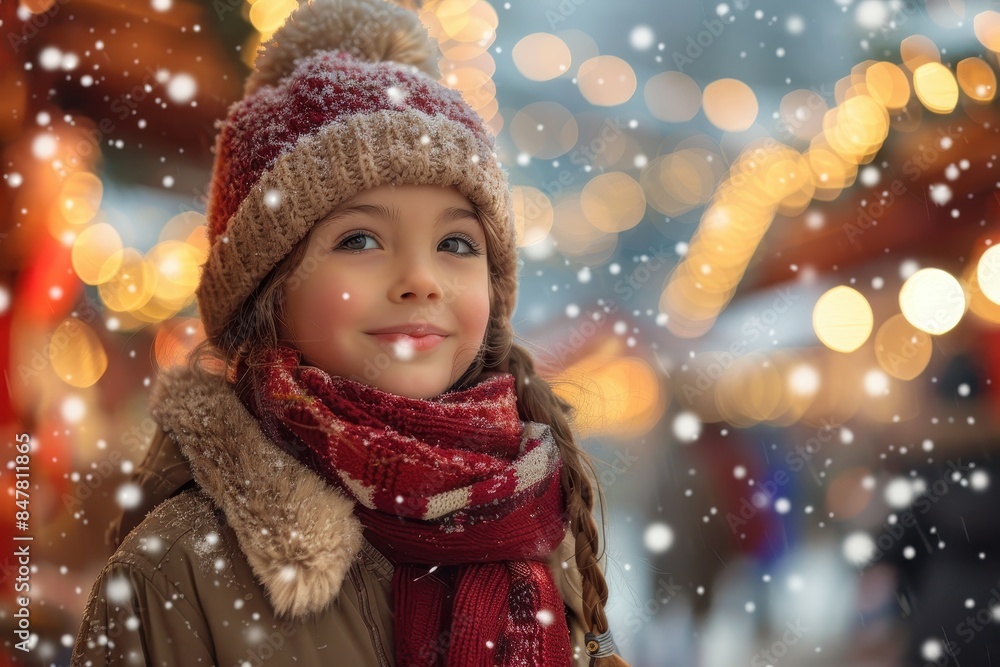 A child clad in winter gear stands against a backdrop of lights, with a gentle smile and snowy visage A child clad in winter gear stands against a backdrop of lights, with a gentle smile and snowy visage