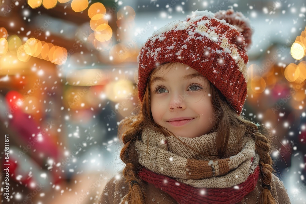 A delightful child warmly dressed, snowflakes in her hair, smile beaming, with blurred festive lights in the background A delightful child warmly dressed, snowflakes in her hair, smile beaming, with blurred festive lights in the background