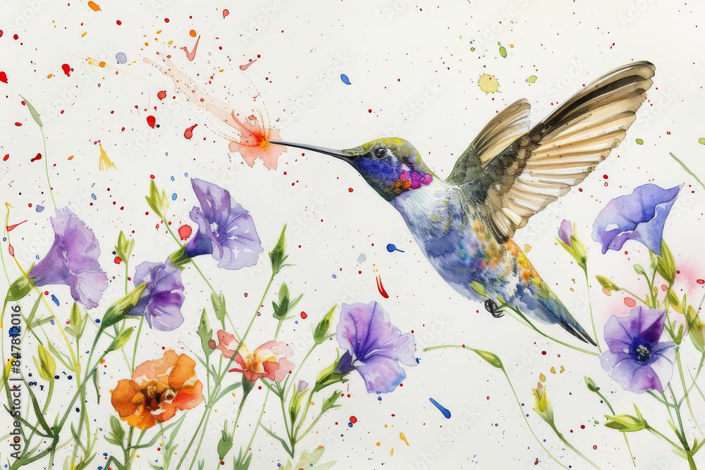 Fototapeta premium Hermosa pintura de acuarela entonos purpuras, rosas y naranjas pastel de un colibría entre flores de primavera con fondo blanco con salpicaduras de pintura de colores