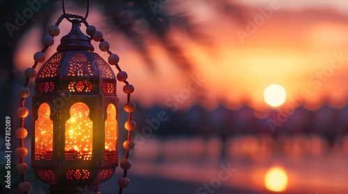 Celebration of islamic eid mubarak and eid al adha lantern with prayer beads photo