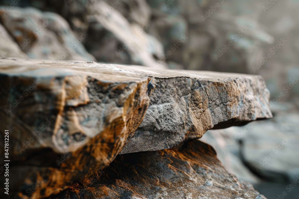 Fototapeta premium Product display with blurred foreground and detailed background stones.