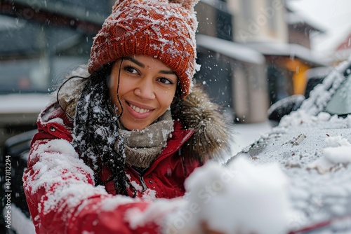 A smiling woman in winter attire is playing with snow, capturing a moment of winter fun in an urban environment