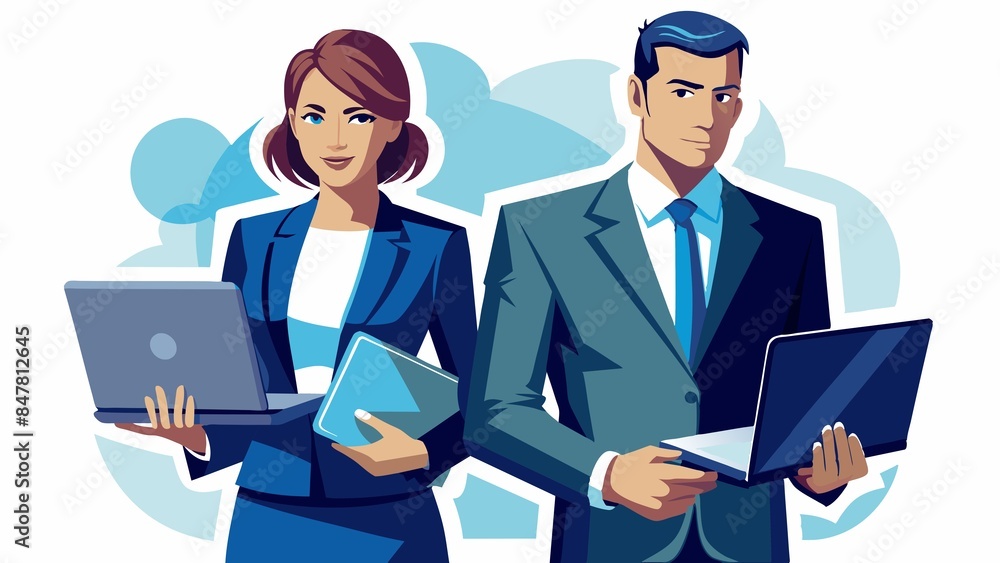 Two people in business attire holding laptops Two people in business attire holding laptops