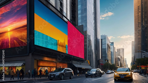 A digital billboard mockup set in a bustling cityscape. The billboard should be large, with high resolution and vibrant colors, mounted on a sleek, modern structure.