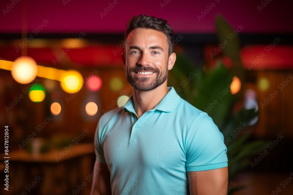 Portrait of a cheerful man in his 30s wearing a breathable golf polo isolated in vibrant yoga studio background Portrait of a cheerful man in his 30s wearing a breathable golf polo isolated in vibrant yoga studio background