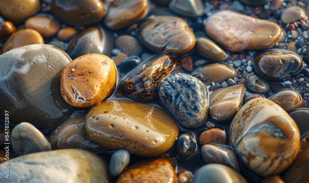 smooth pebbles on the beach with water droplets smooth pebbles on the beach with water droplets