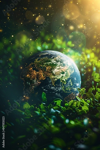 Awe-inspiring sight of planet earth surrounded by lush greenery, bathed in celestial light © ALEXSTUDIO