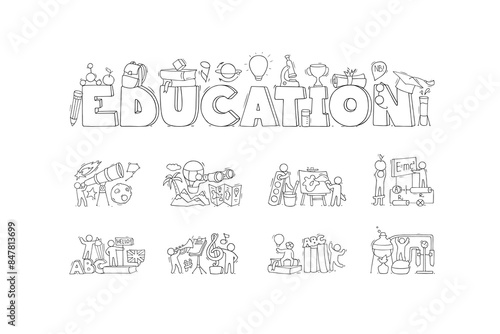 Education subjects icons with symbols of math, physics, astronomy and chemistry. Vector cartoon set of art, music, technology, sport and literature lessons and students. People with education equipmen
