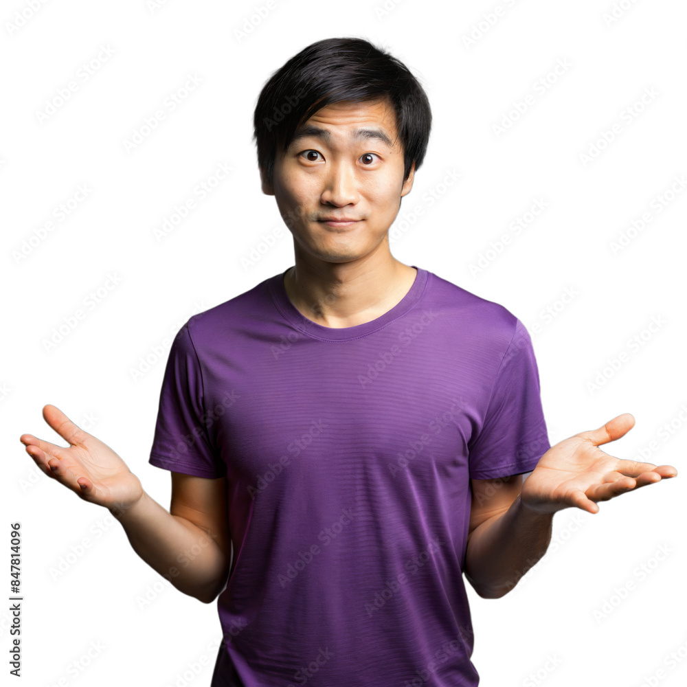 Confused man shrugging in purple shirt on transparent background Confused man shrugging in purple shirt on transparent background