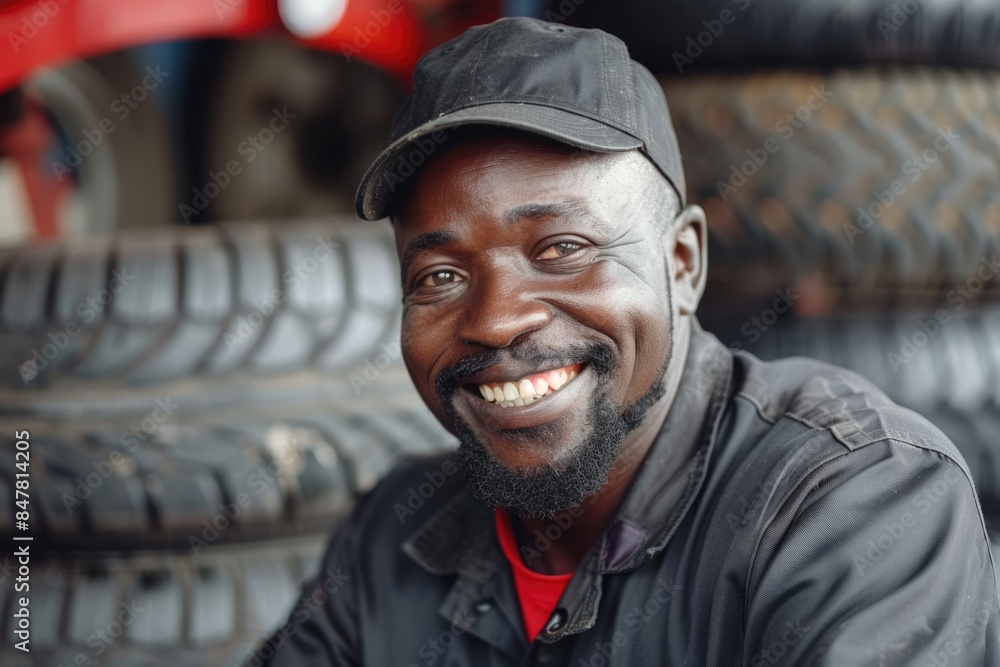 Portrait of happy african male auto mechanic in the background of a tires service canter concept Portrait of happy african male auto mechanic in the background of a tires service canter concept