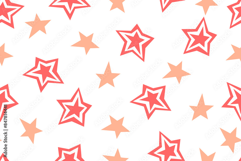 Seamless pattern with pink and red stars on a white background. Asymmetrical and double stars. Vector illustration. Seamless pattern with pink and red stars on a white background. Asymmetrical and double stars. Vector illustration.