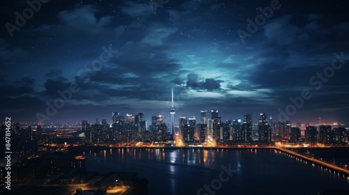 A mesmerizing night cityscape featuring illuminated skyscrapers against the skyline