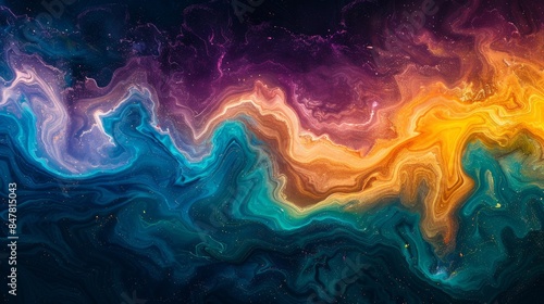 A psychedelic color wave featuring vibrant teal, yellow, and purple hues on a dark, grainy background.