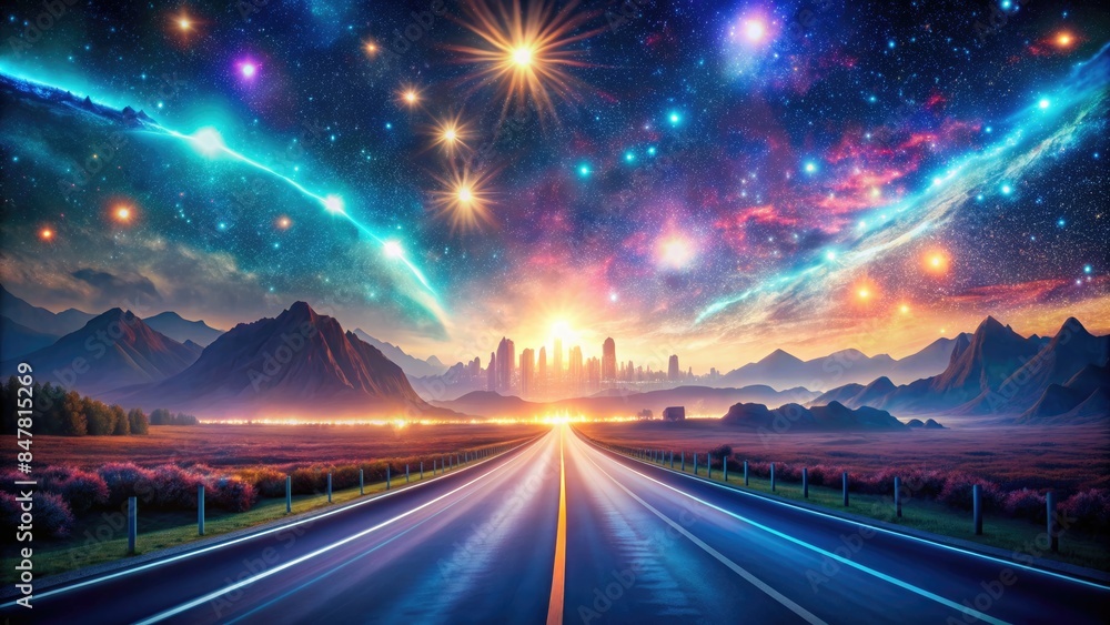Cosmic highway leading to a vibrant city. Cosmic highway leading to a vibrant city.