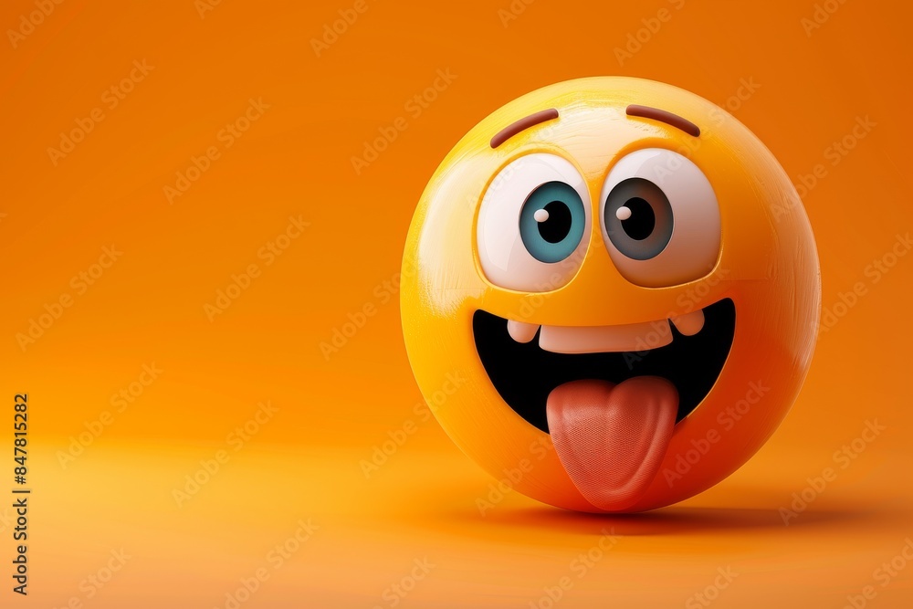 3D yellow laughing emoji with big eyes and tongue out on orange background 3D yellow laughing emoji with big eyes and tongue out on orange background
