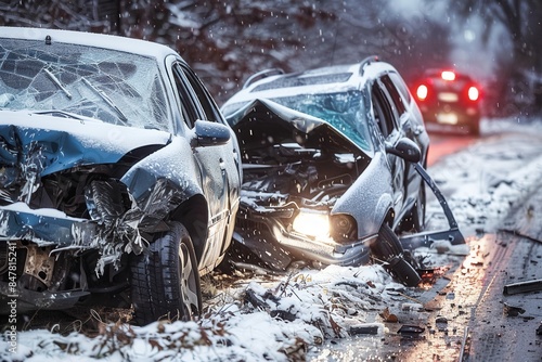 Two wrecked cars after a severe accident on a snow-covered road with emergency vehicle lights in background