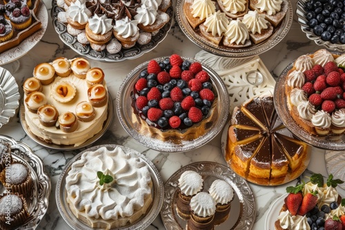 A high-angle view of a beautiful bakery display showcasing a variety of exquisite desserts, including fruit tarts, cheesecakes, and pastries
