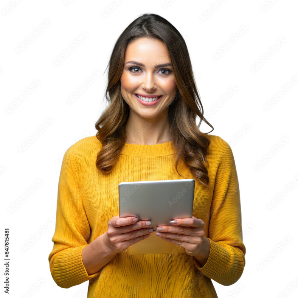 Smiling woman in yellow sweater holding tablet on transparent background Smiling woman in yellow sweater holding tablet on transparent background