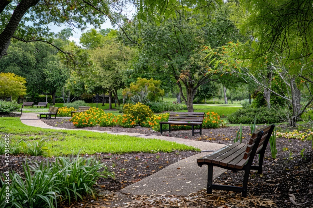 Tranquil park with benches under trees for relaxation. Winding path invites visitors to explore lush greenery