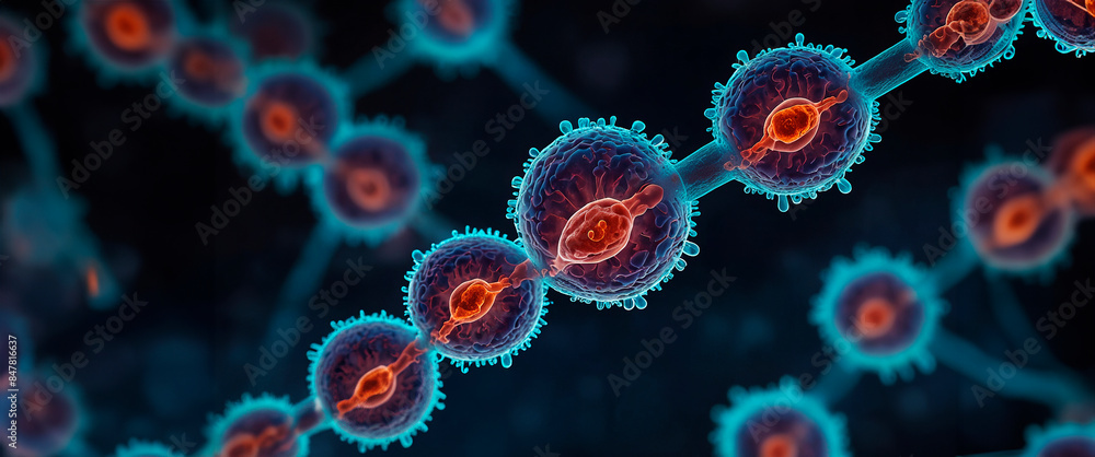 Illustration of a virus cell under a microscope, microcosm. Illustration of a virus cell under a microscope, microcosm.
