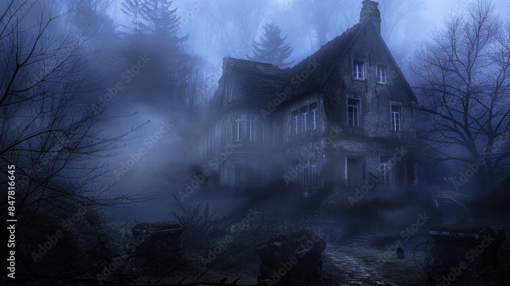 Gothic mansion shrouded in dense fog amid leafless trees, creating a haunting atmosphere. Misty surroundings enhance the eerie and mysterious feel of the abandoned house Gothic mansion shrouded in dense fog amid leafless trees, creating a haunting atmosphere. Misty surroundings enhance the eerie and mysterious feel of the abandoned house