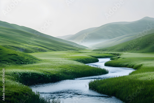 Minimalistic Serene Landscape Bookmark Template with Rolling Hills and Gentle Stream © Jean