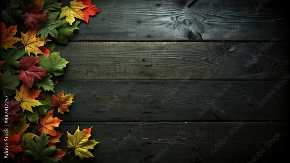 Fototapeta premium a collection of vibrant fall leaves arranged against a backdrop of dark wooden planks to form a charming seasonal corner decoration