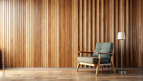 A modern room with wooden panel walls, a chair, and a standing lamp.