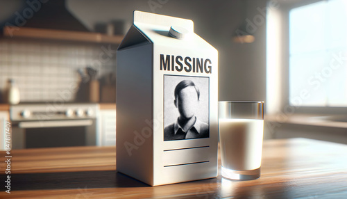 Milk carton with missing person notice on kitchen bench. Room for inserting face.