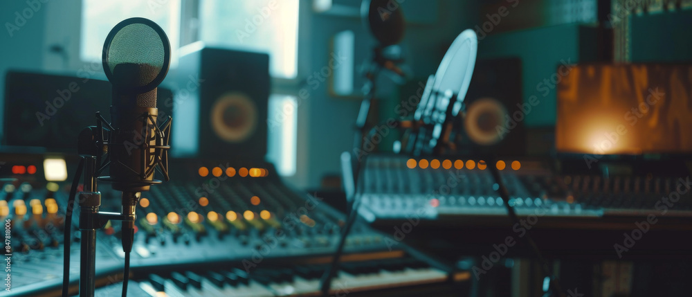 An inviting recording studio bathed in warm light, filled with microphones, soundboards, and speakers. An inviting recording studio bathed in warm light, filled with microphones, soundboards, and speakers.
