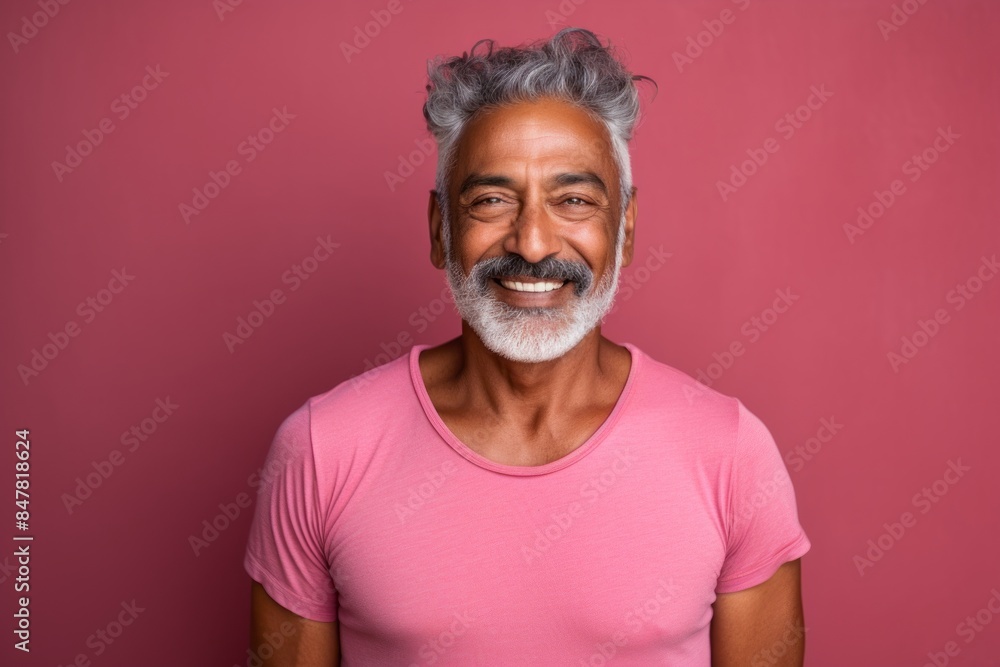 Portrait of a satisfied indian man in his 60s donning a trendy cropped top while standing against vibrant yoga studio background Portrait of a satisfied indian man in his 60s donning a trendy cropped top while standing against vibrant yoga studio background