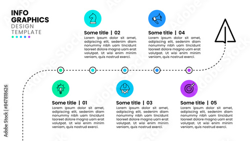 Infographic template. Paper plane with line and 5 steps