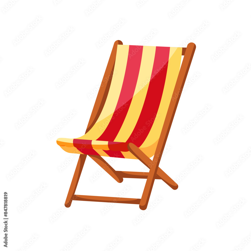 Striped beach chair.  Wooden deck chair for relaxation and sunbathing. Summer concept